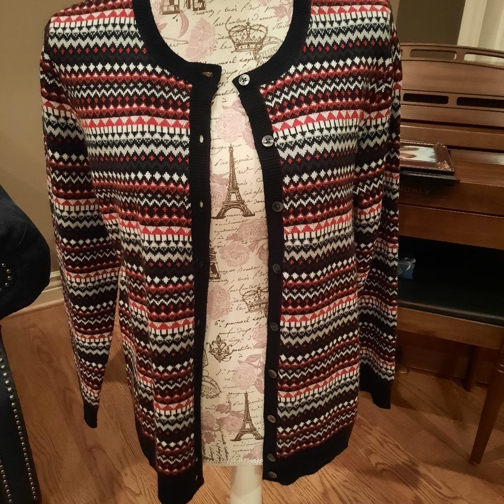 PM Red, black, and white cardigan sweater